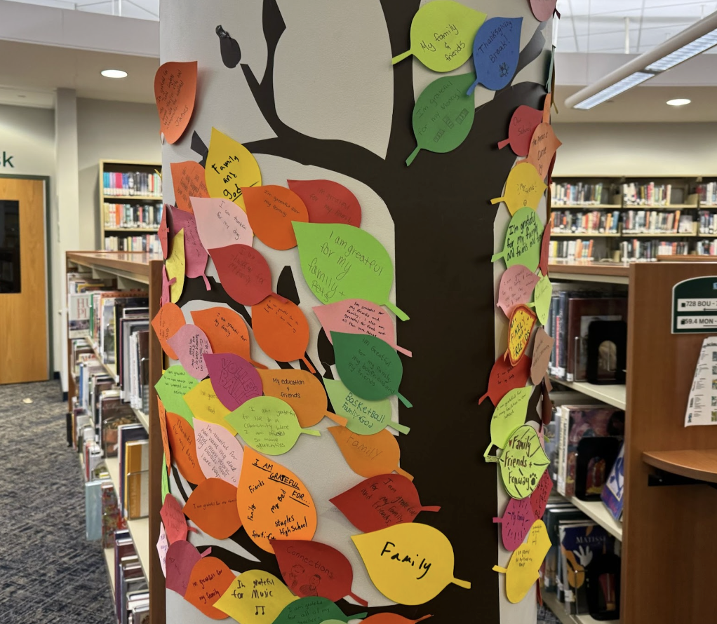 The tree of “tree-mendous” gratitude has been created in the library and is filled with leaves containing things that students value and are thankful for. The leaves were made during connection classes as a way to reflect on gratitude. 